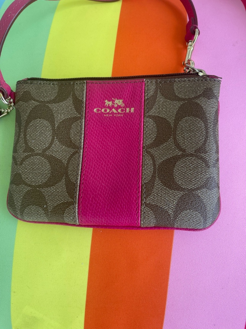 Coach Brown Signature Crossbody with Pink Center Stripe only used once